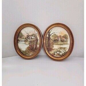 Set of 2 Vintage Homco Home Interior Oval Art Prints  Beautiful Countryside 11"